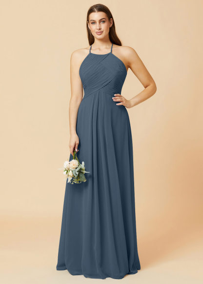 Halter Neck Pleated Chiffon Bridesmaid Dress