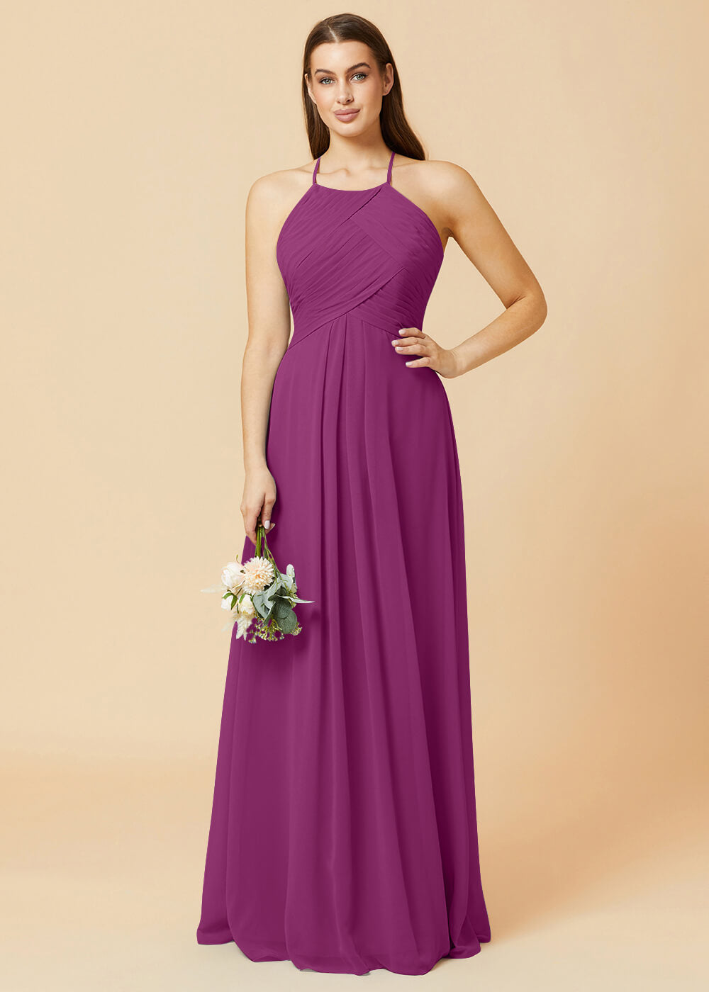 Halter Neck Pleated Chiffon Bridesmaid Dress