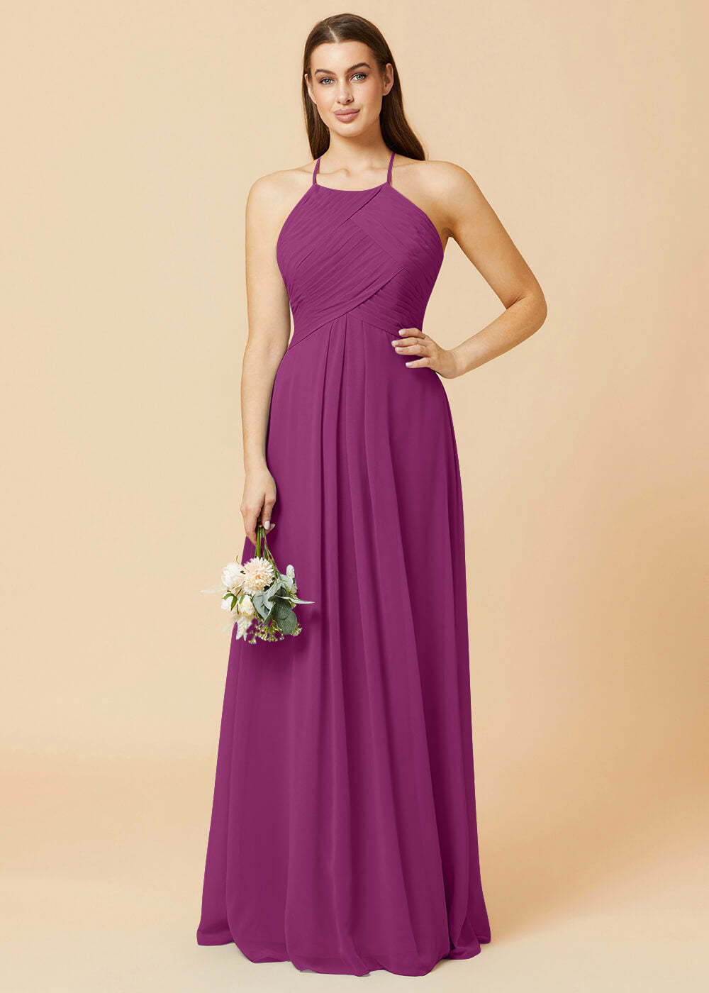 Halter Neck Pleated Chiffon Bridesmaid Dress