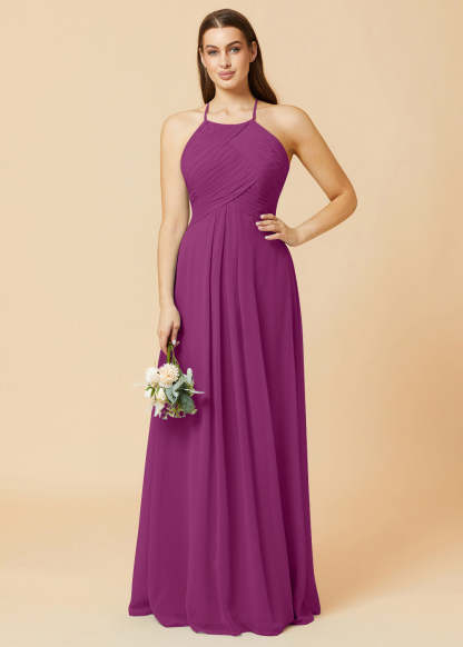 Halter Neck Pleated Chiffon Bridesmaid Dress