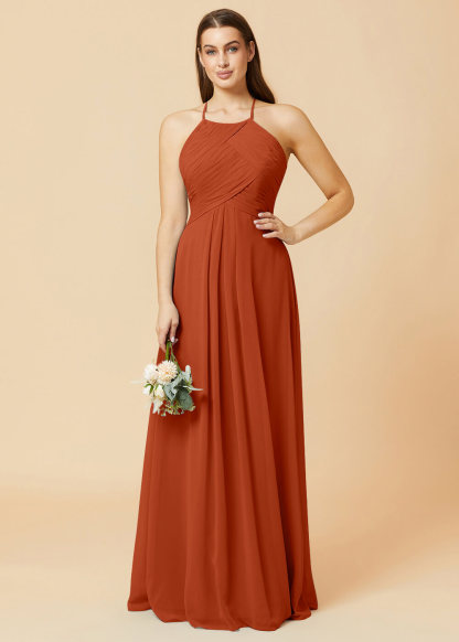 Halter Neck Pleated Chiffon Bridesmaid Dress