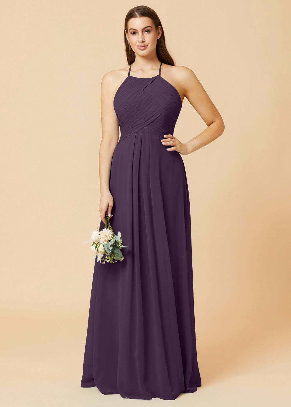 Halter Neck Pleated Chiffon Bridesmaid Dress