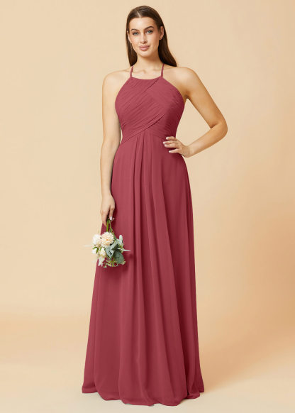 Halter Neck Pleated Chiffon Bridesmaid Dress