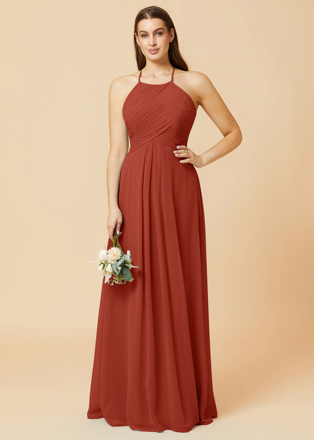Halter Neck Pleated Chiffon Bridesmaid Dress