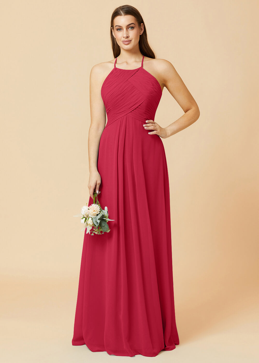 Halter Neck Pleated Chiffon Bridesmaid Dress