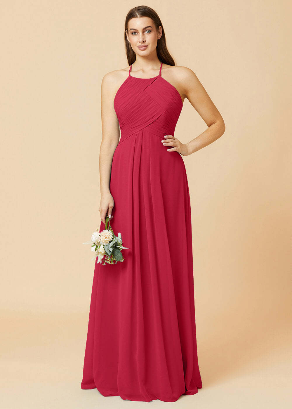 Halter Neck Pleated Chiffon Bridesmaid Dress