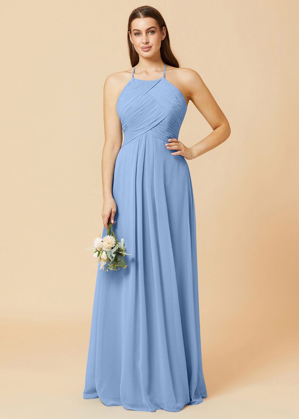 Halter Neck Pleated Chiffon Bridesmaid Dress