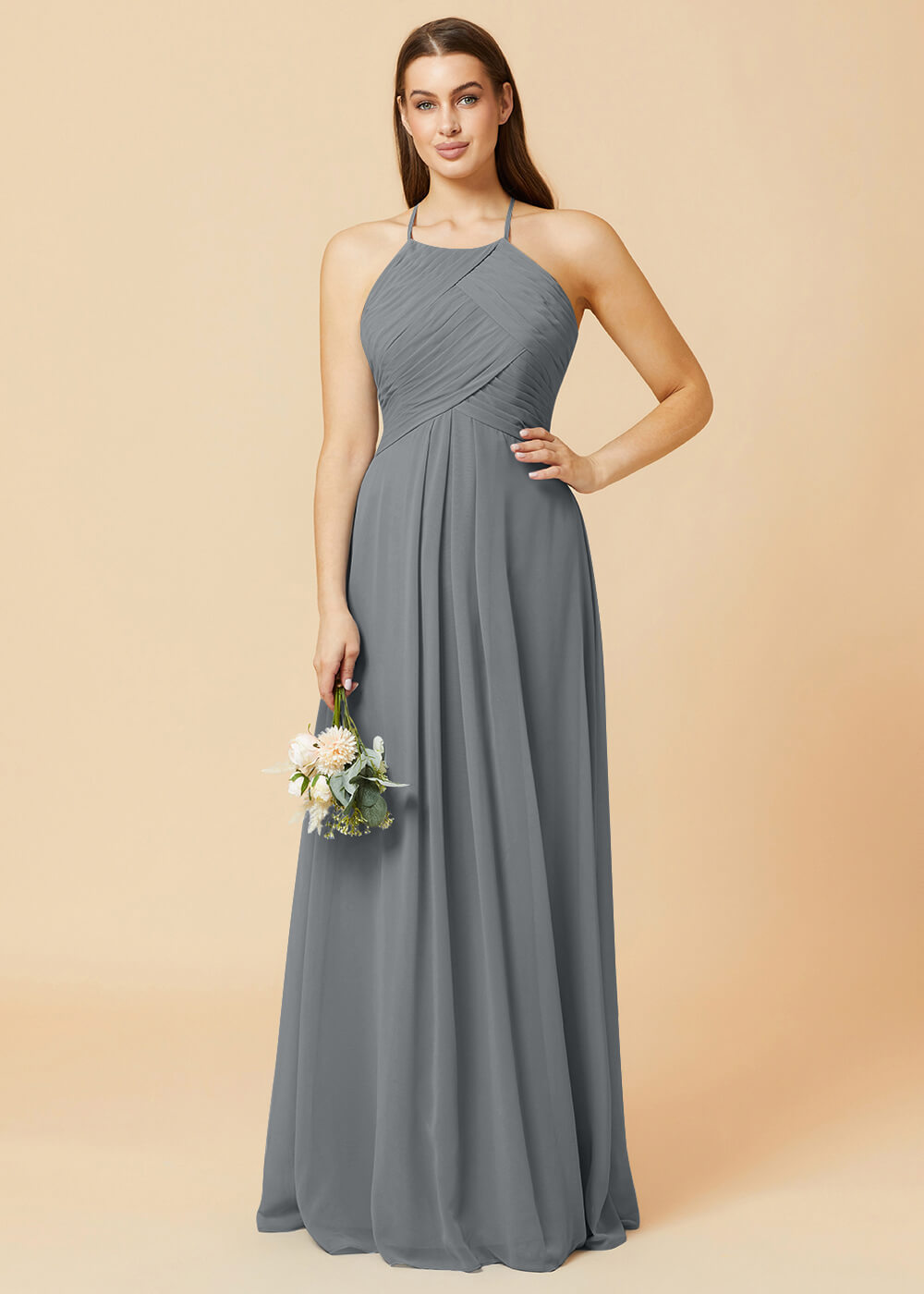 Halter Neck Pleated Chiffon Bridesmaid Dress