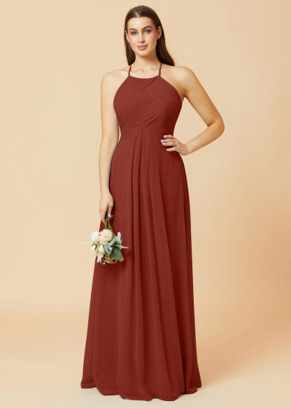 Halter Neck Pleated Chiffon Bridesmaid Dress