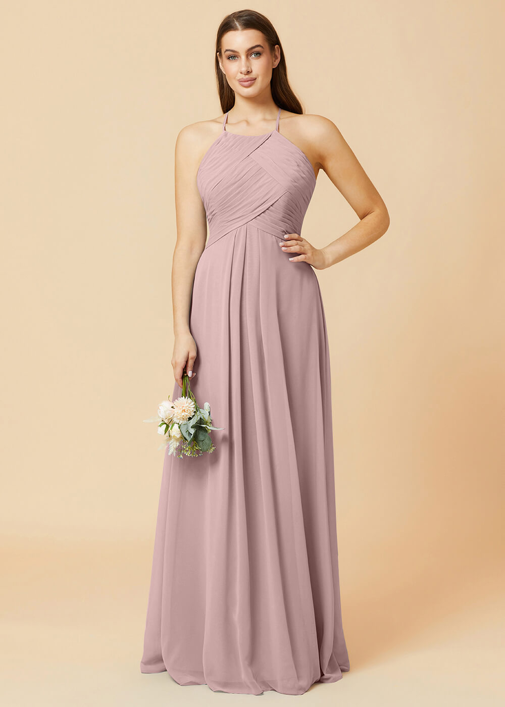 Halter Neck Pleated Chiffon Bridesmaid Dress