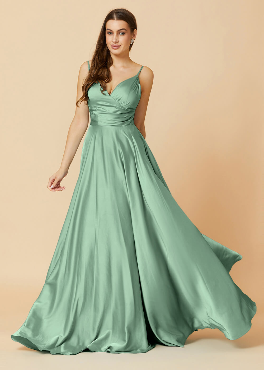 Spaghetti Strap V-neck Satin Long Bridesmaid Dress