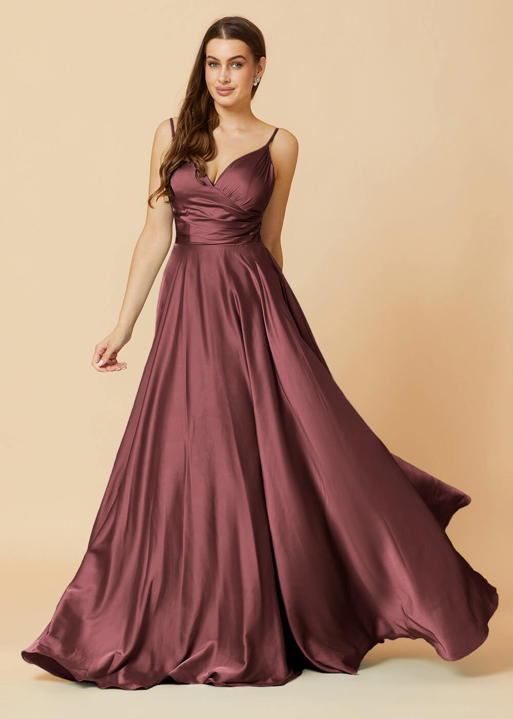 Spaghetti Strap V-neck Satin Long Bridesmaid Dress