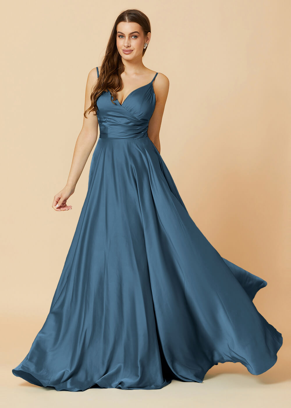 Spaghetti Strap V-neck Satin Long Bridesmaid Dress