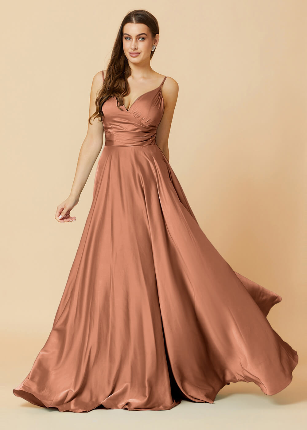 Spaghetti Strap V-neck Satin Long Bridesmaid Dress