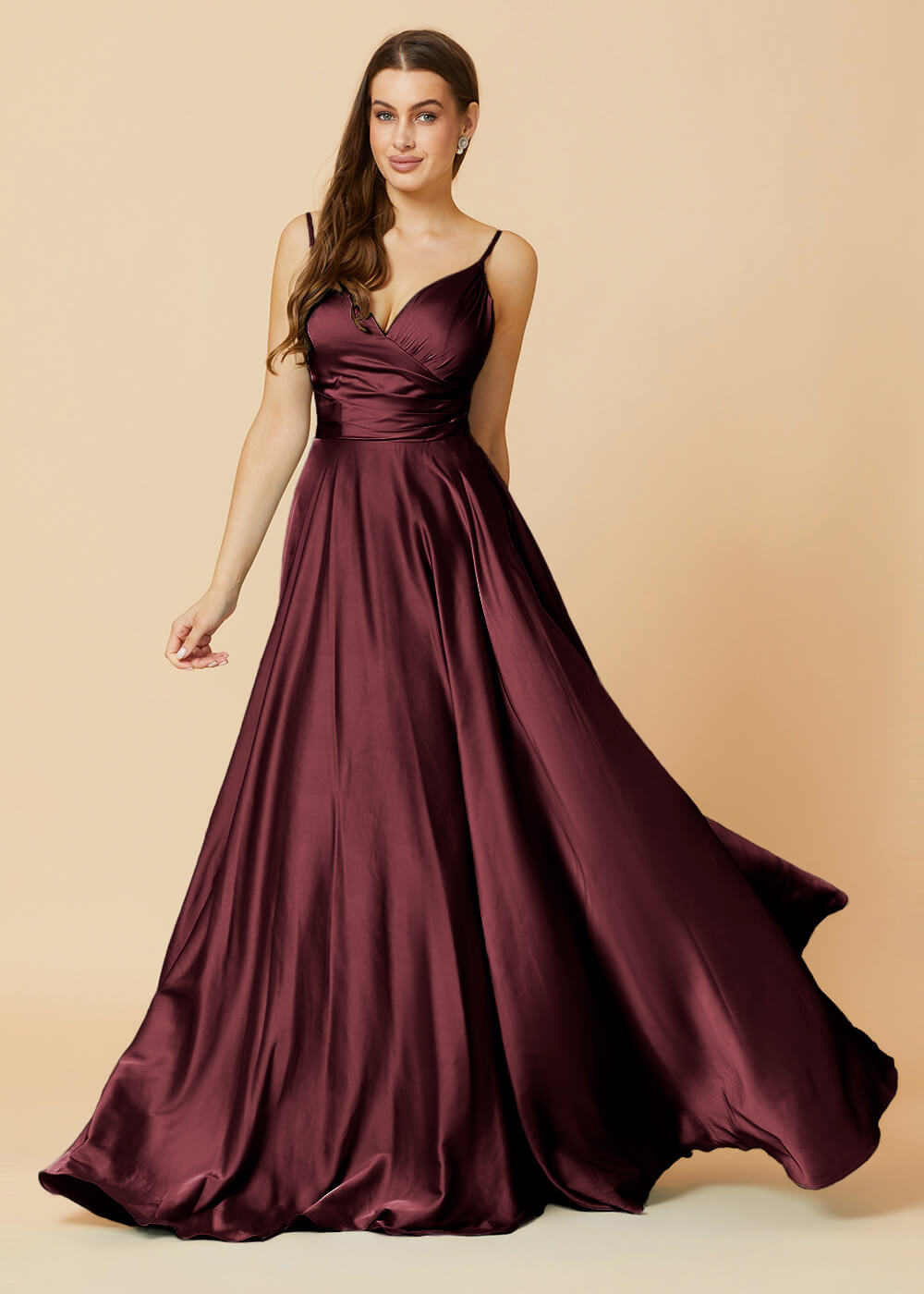 Spaghetti Strap V-neck Satin Long Bridesmaid Dress