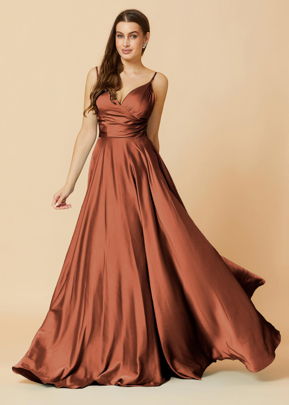 Spaghetti Strap V-neck Satin Long Bridesmaid Dress