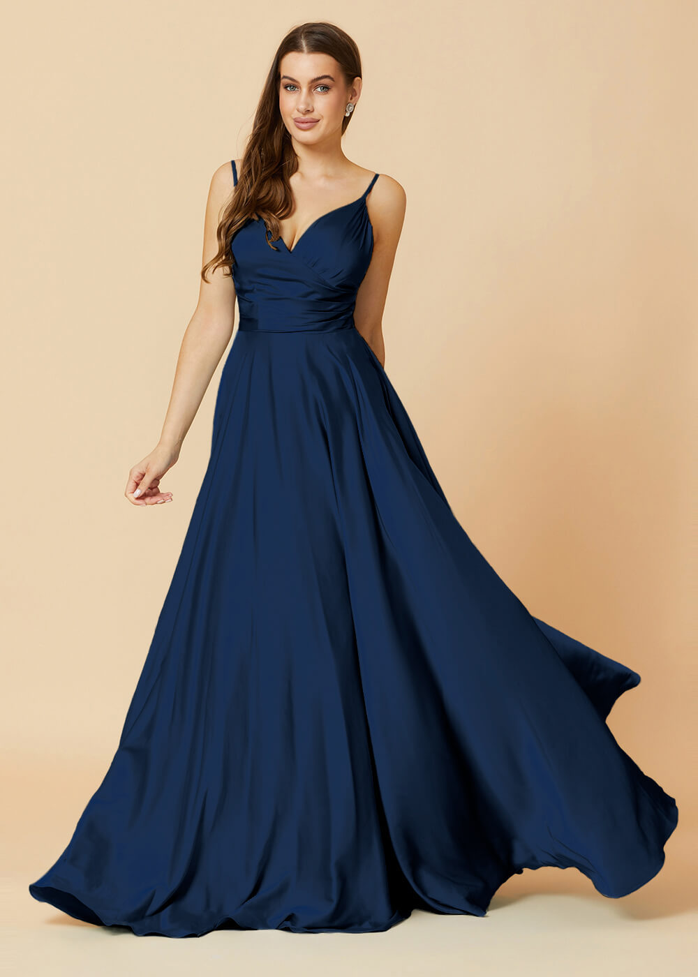 Spaghetti Strap V-neck Satin Long Bridesmaid Dress