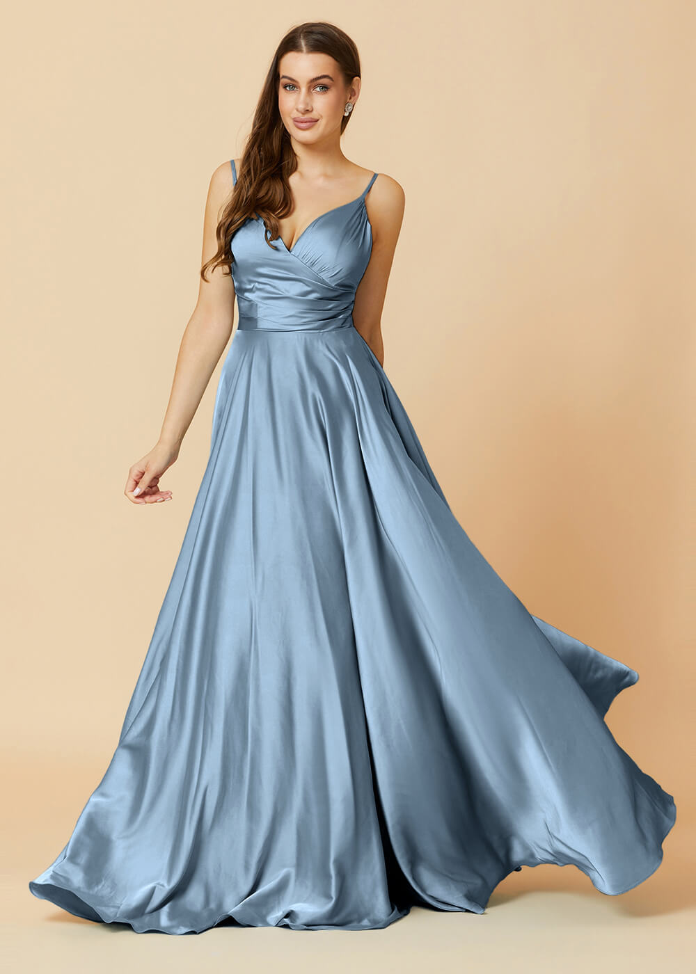 Spaghetti Strap V-neck Satin Long Bridesmaid Dress
