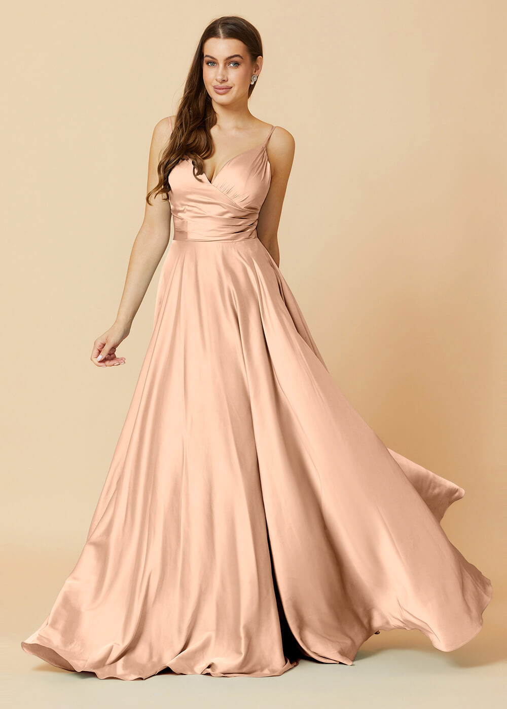 Spaghetti Strap V-neck Satin Long Bridesmaid Dress