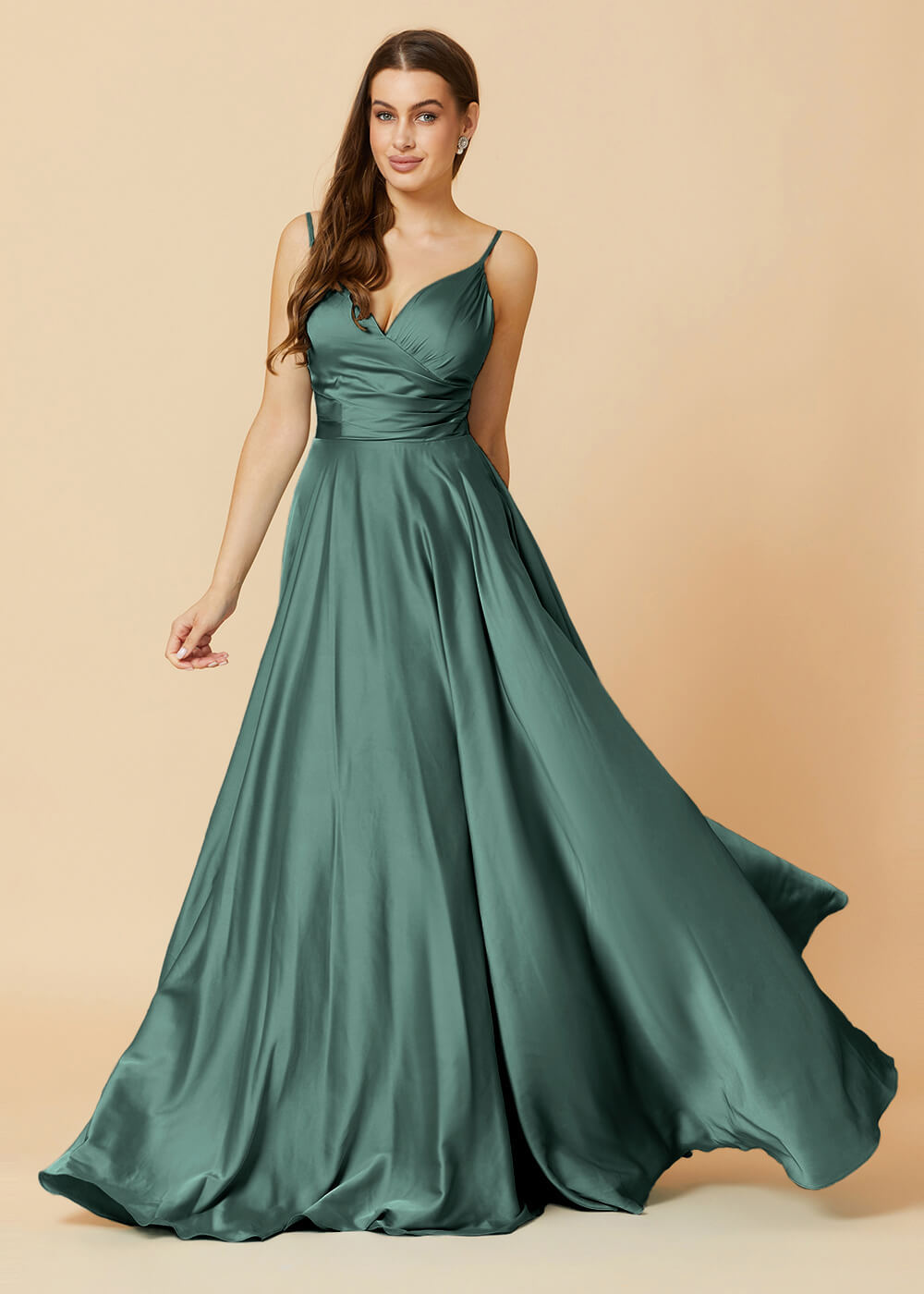Spaghetti Strap V-neck Satin Long Bridesmaid Dress