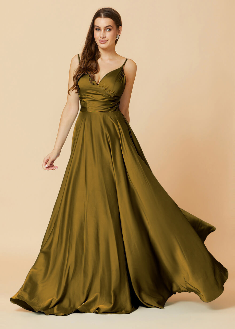 Spaghetti Strap V-neck Satin Long Bridesmaid Dress