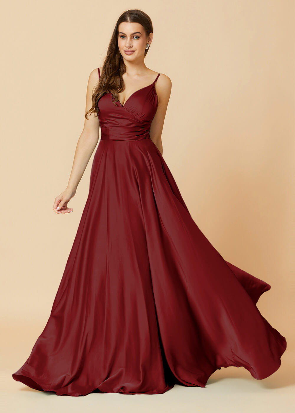 Spaghetti Strap V-neck Satin Long Bridesmaid Dress
