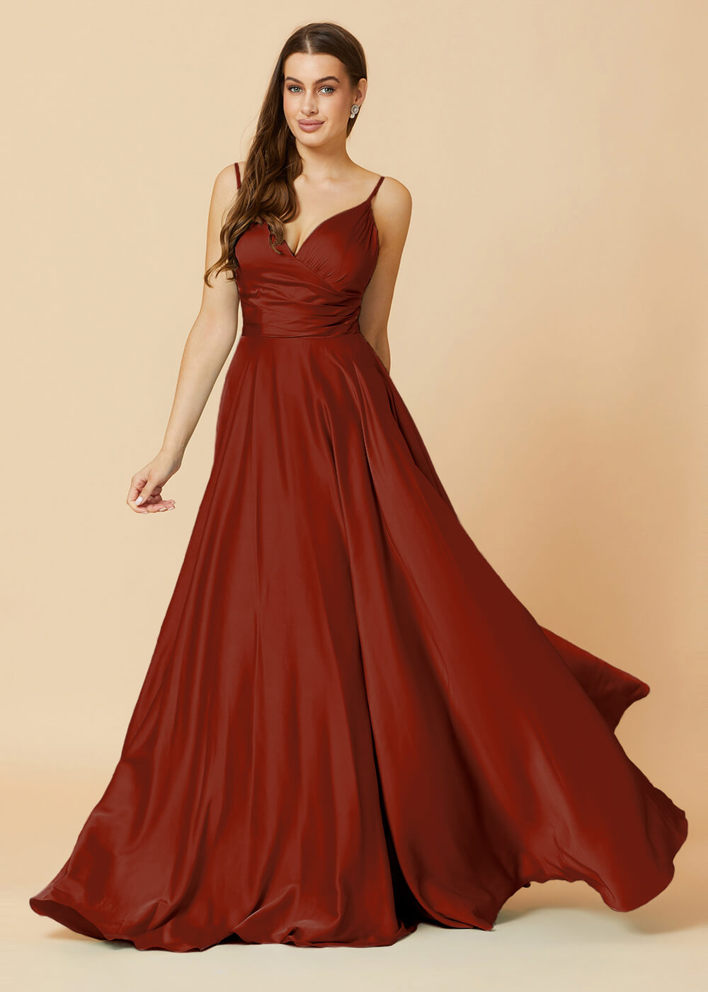 Spaghetti Strap V-neck Satin Long Bridesmaid Dress