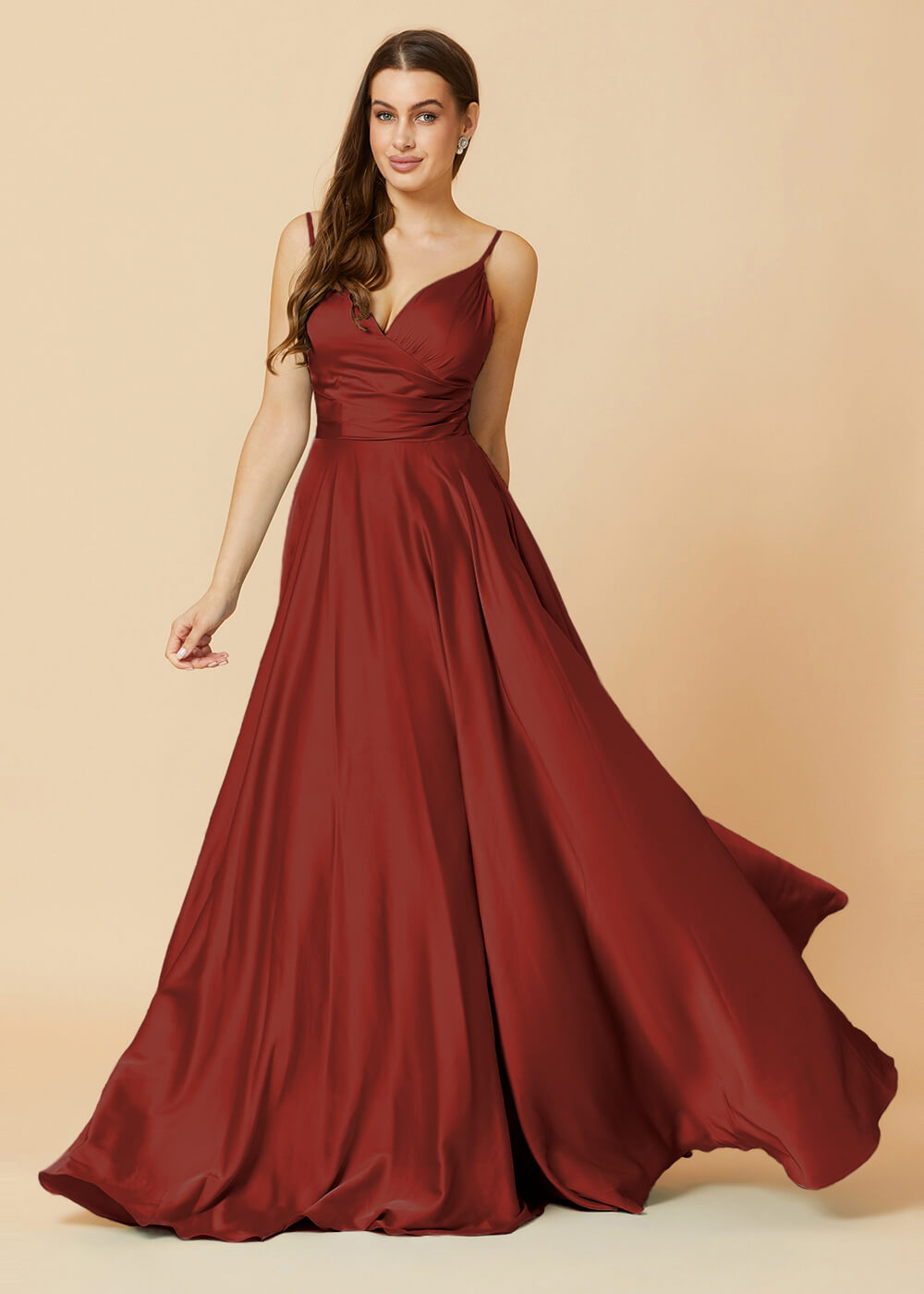 Spaghetti Strap V-neck Satin Long Bridesmaid Dress