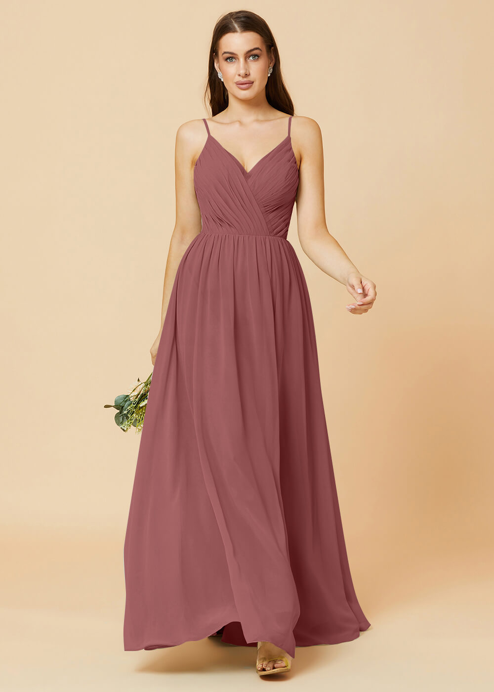 Spaghetti Strap V-neck Chiffon Maxi Bridesmaid Dress