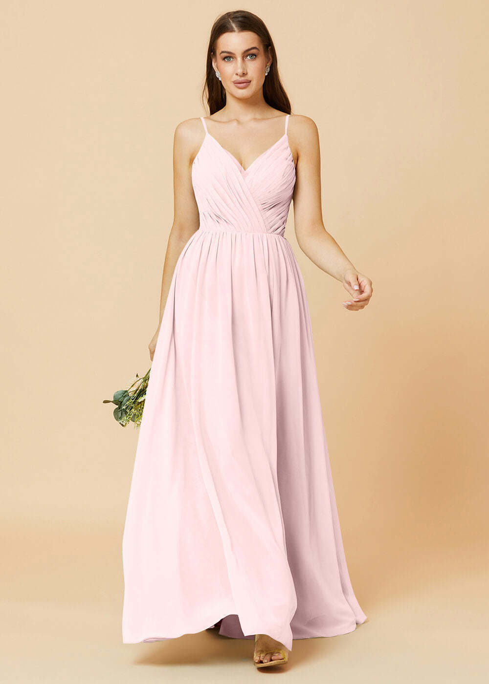Spaghetti Strap V-neck Chiffon Maxi Bridesmaid Dress