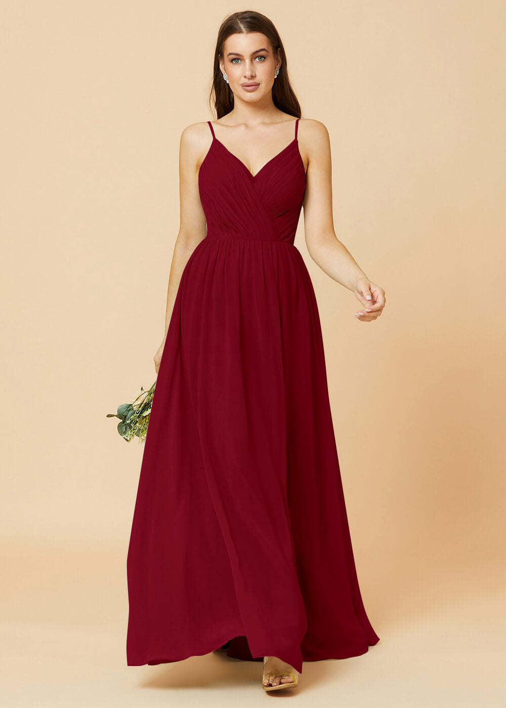 Spaghetti Strap V-neck Chiffon Maxi Bridesmaid Dress