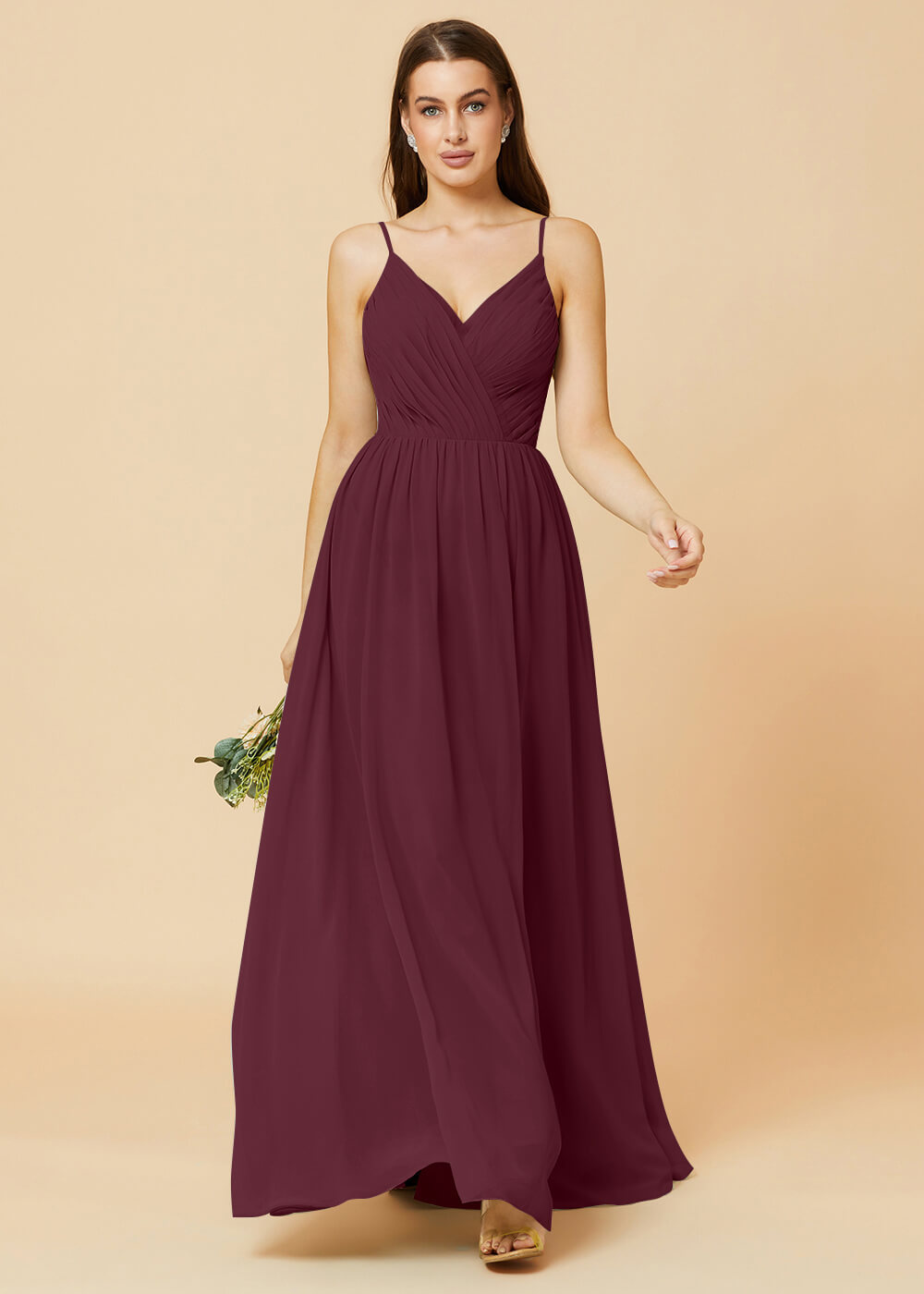 Spaghetti Strap V-neck Chiffon Maxi Bridesmaid Dress