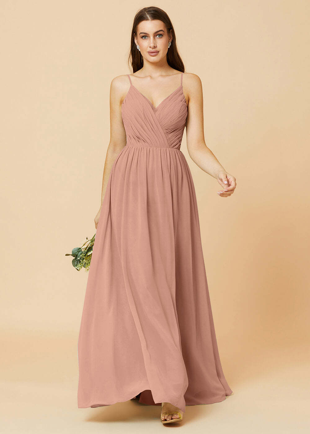 Spaghetti Strap V-neck Chiffon Maxi Bridesmaid Dress