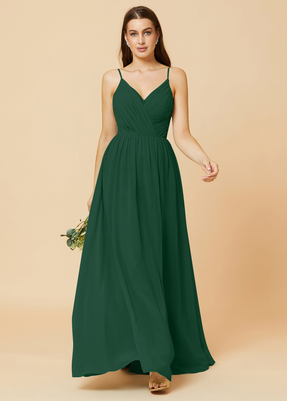 Spaghetti Strap V-neck Chiffon Maxi Bridesmaid Dress