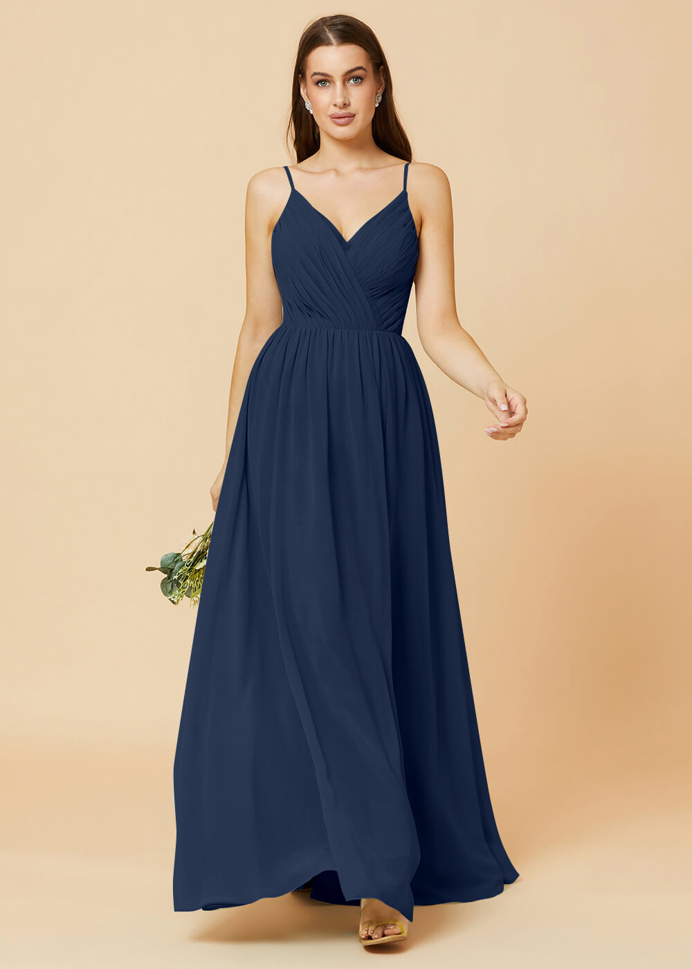 Spaghetti Strap V-neck Chiffon Maxi Bridesmaid Dress