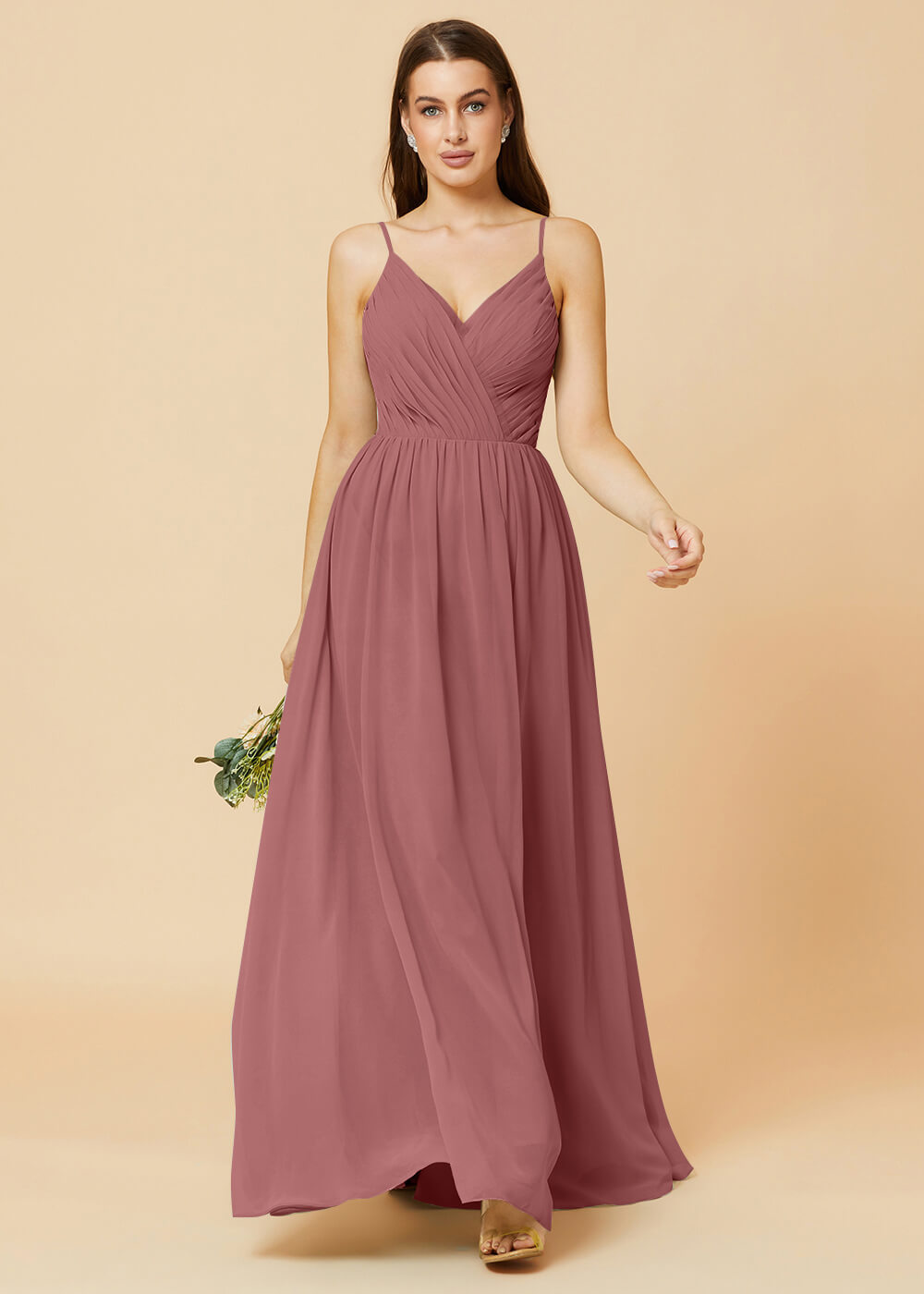 Spaghetti Strap V-neck Chiffon Maxi Bridesmaid Dress