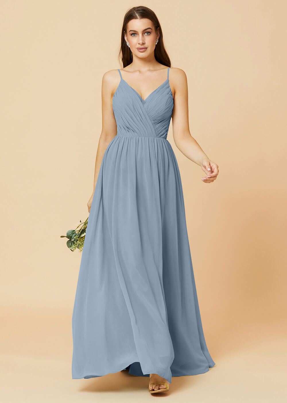 Spaghetti Strap V-neck Chiffon Maxi Bridesmaid Dress