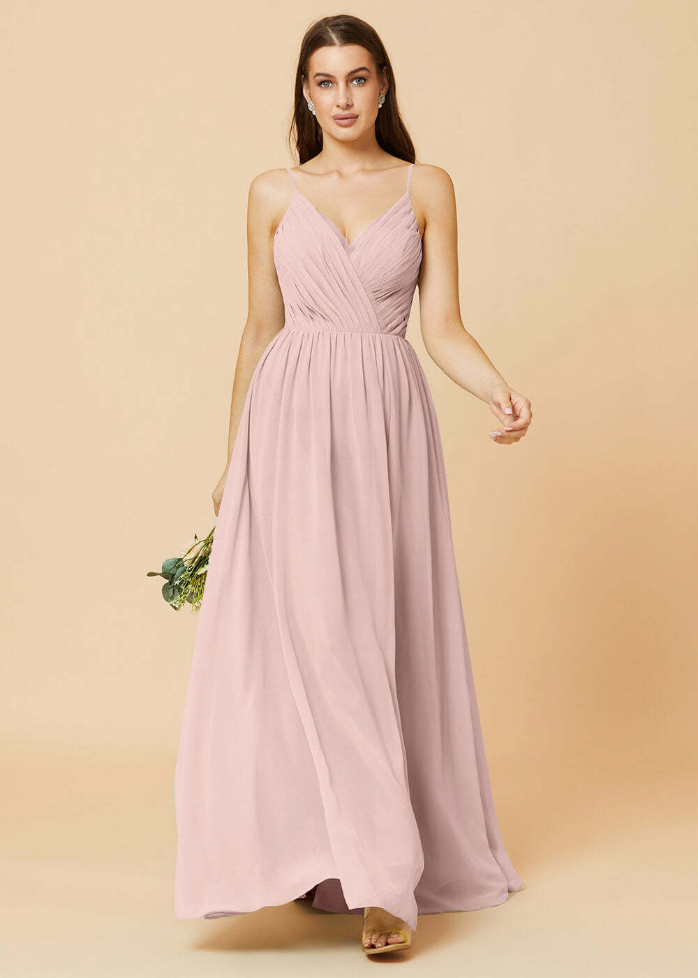 Spaghetti Strap V-neck Chiffon Maxi Bridesmaid Dress