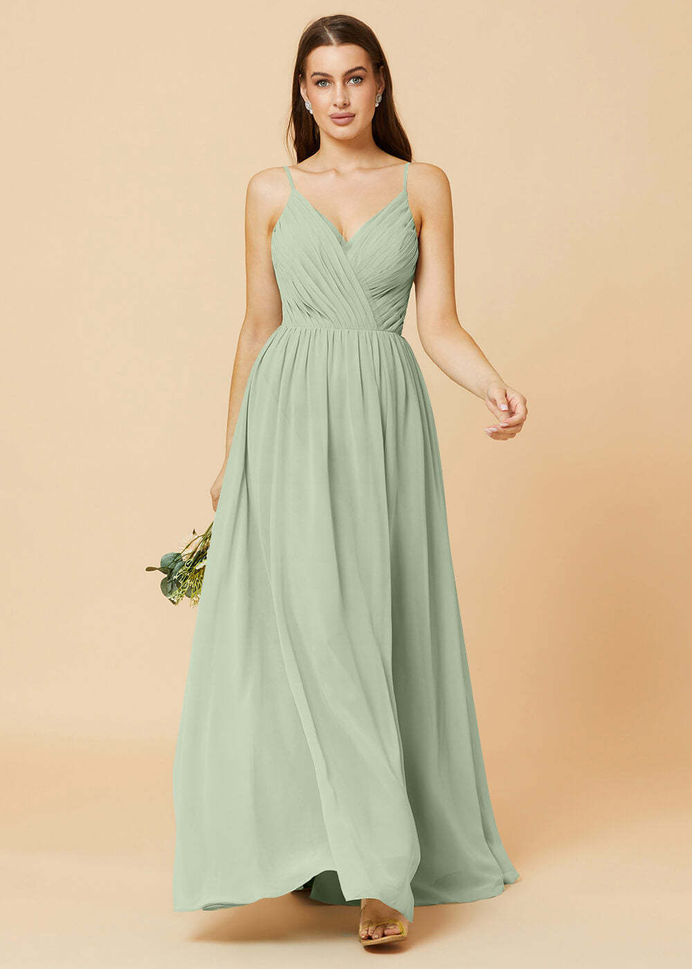 Spaghetti Strap V-neck Chiffon Maxi Bridesmaid Dress