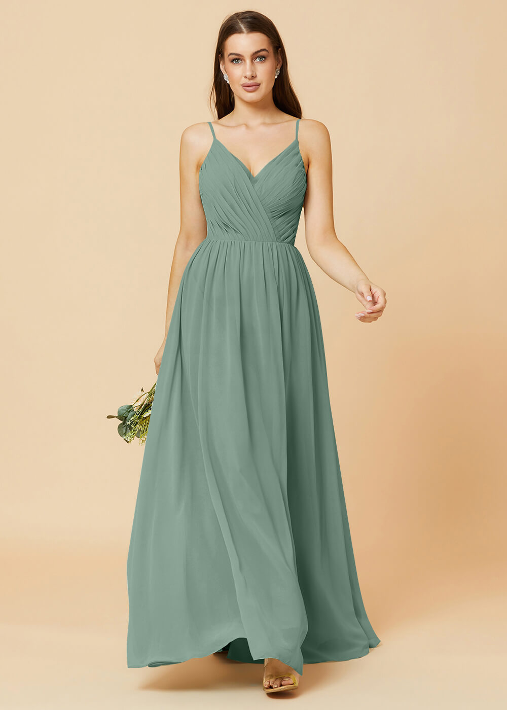 Spaghetti Strap V-neck Chiffon Maxi Bridesmaid Dress