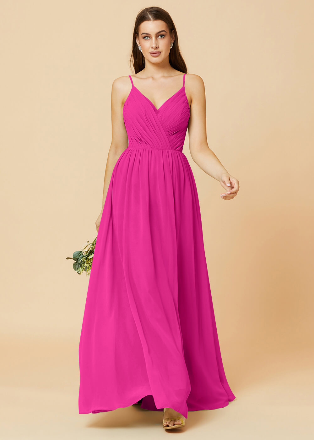 Spaghetti Strap V-neck Chiffon Maxi Bridesmaid Dress