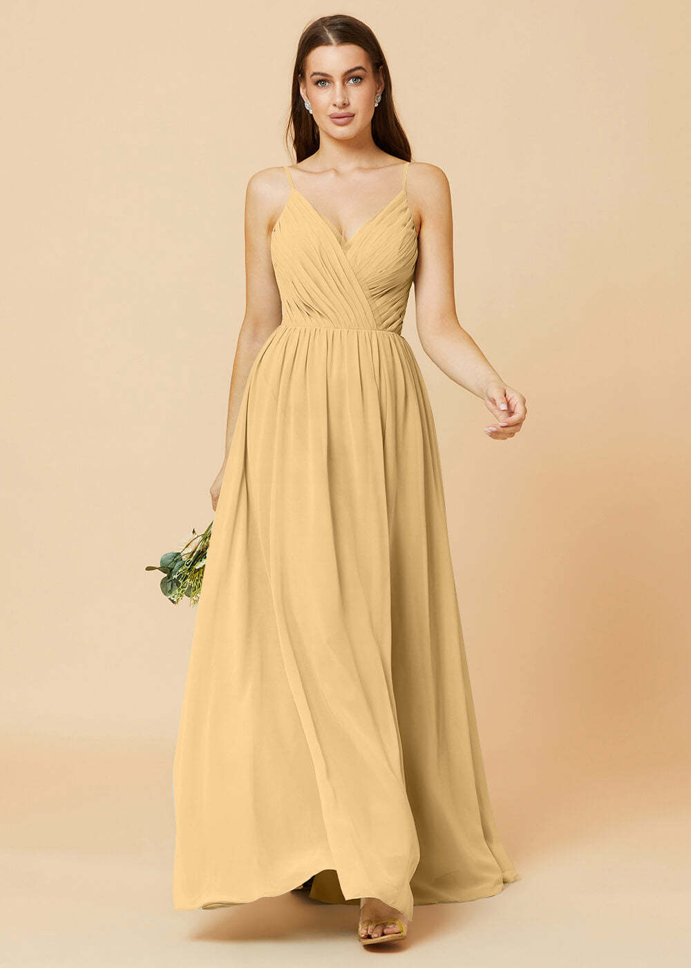 Spaghetti Strap V-neck Chiffon Maxi Bridesmaid Dress