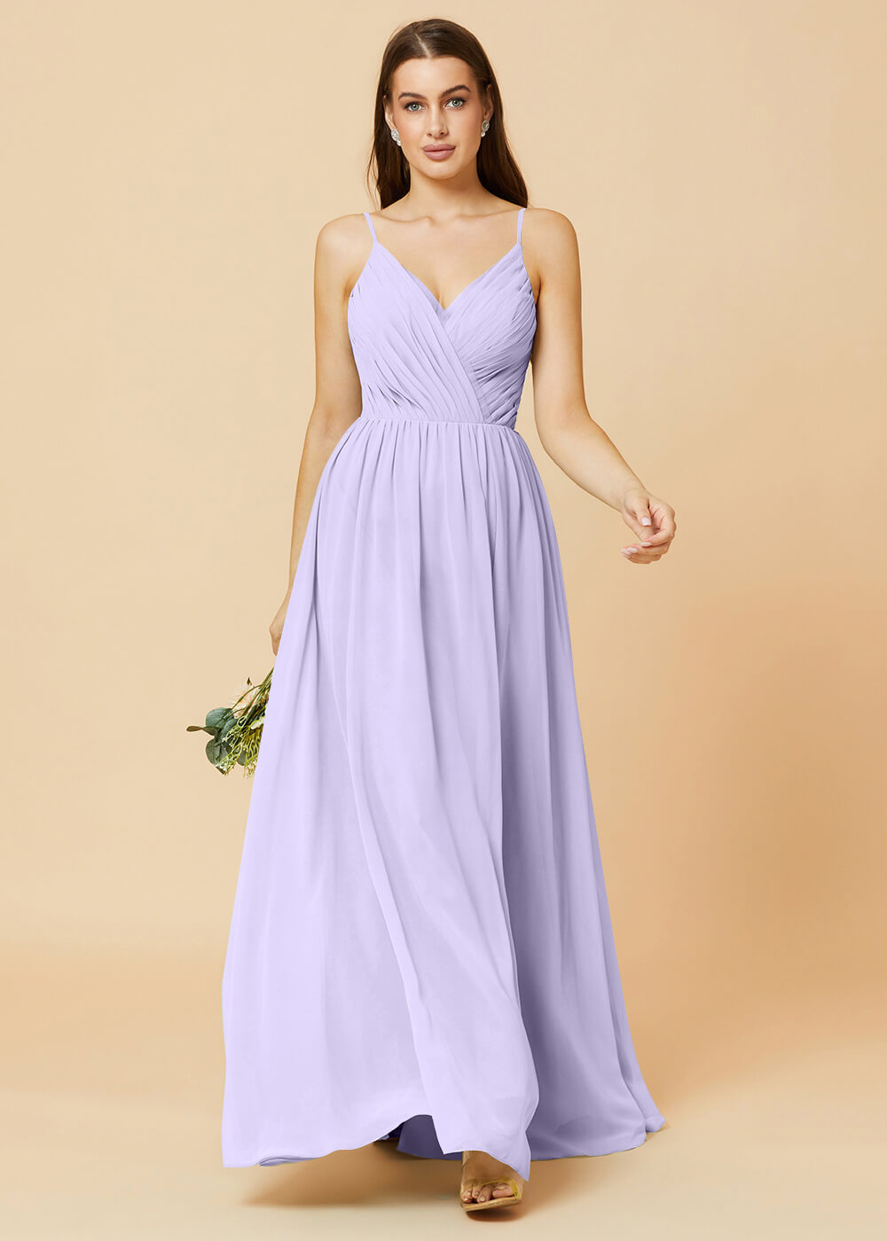 Spaghetti Strap V-neck Chiffon Maxi Bridesmaid Dress