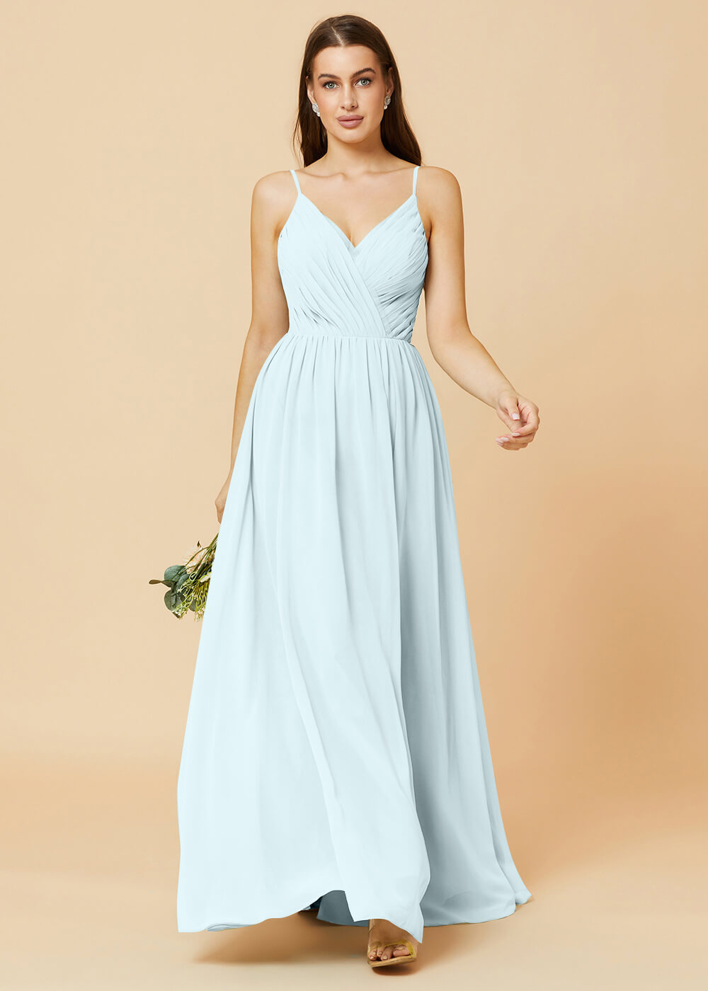 Spaghetti Strap V-neck Chiffon Maxi Bridesmaid Dress