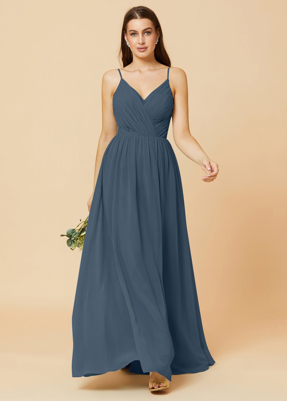 Spaghetti Strap V-neck Chiffon Maxi Bridesmaid Dress