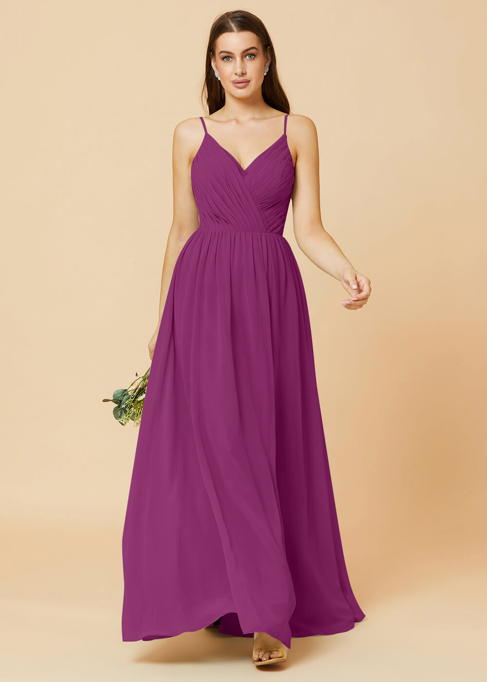Spaghetti Strap V-neck Chiffon Maxi Bridesmaid Dress