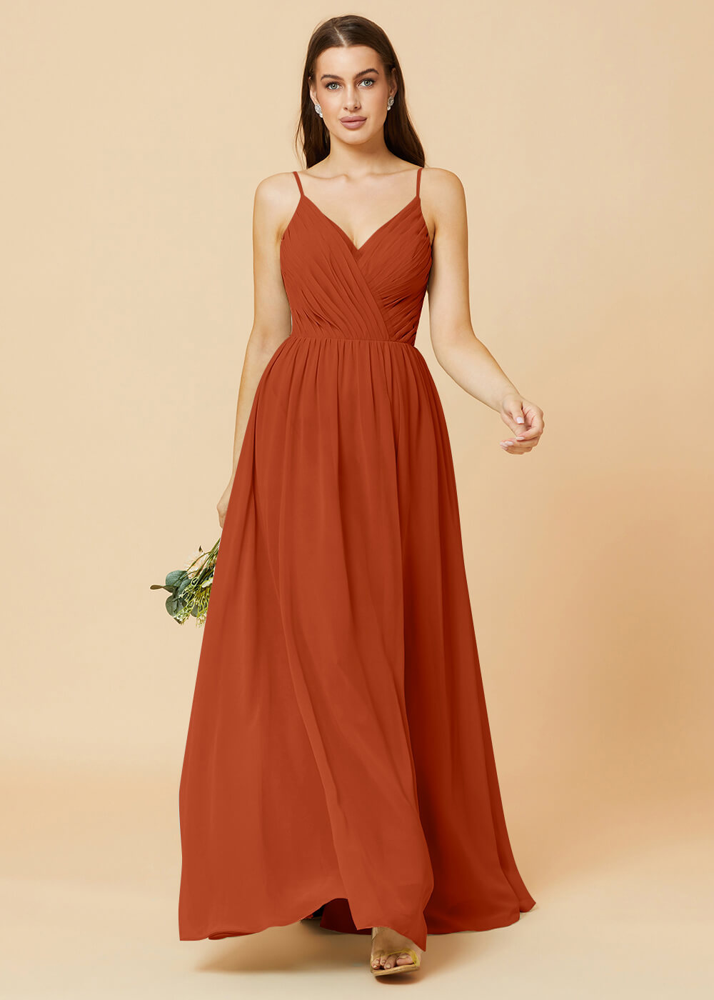 Spaghetti Strap V-neck Chiffon Maxi Bridesmaid Dress