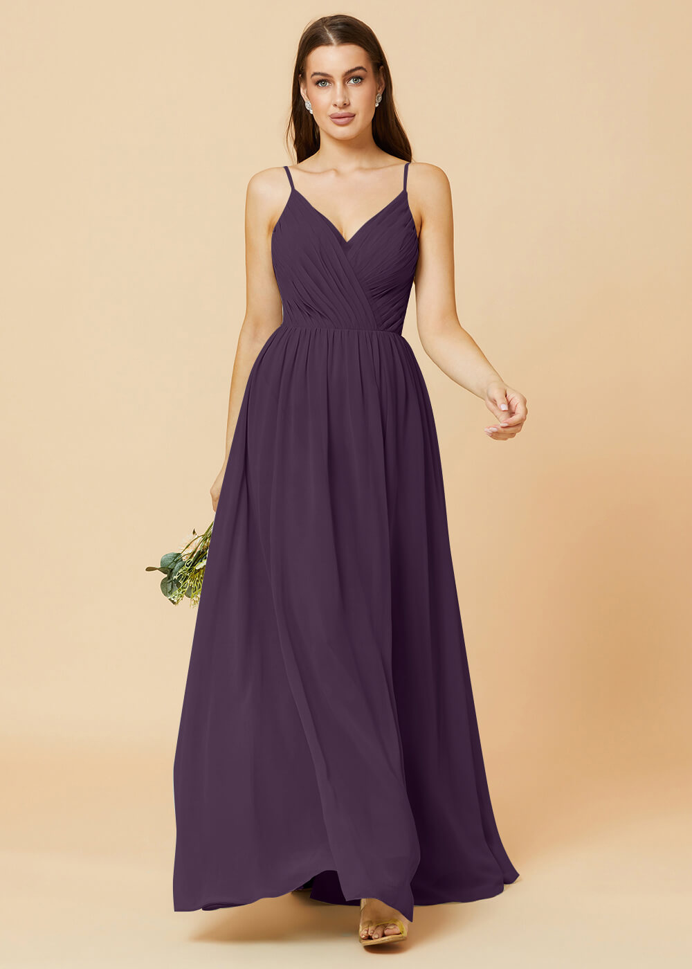 Spaghetti Strap V-neck Chiffon Maxi Bridesmaid Dress