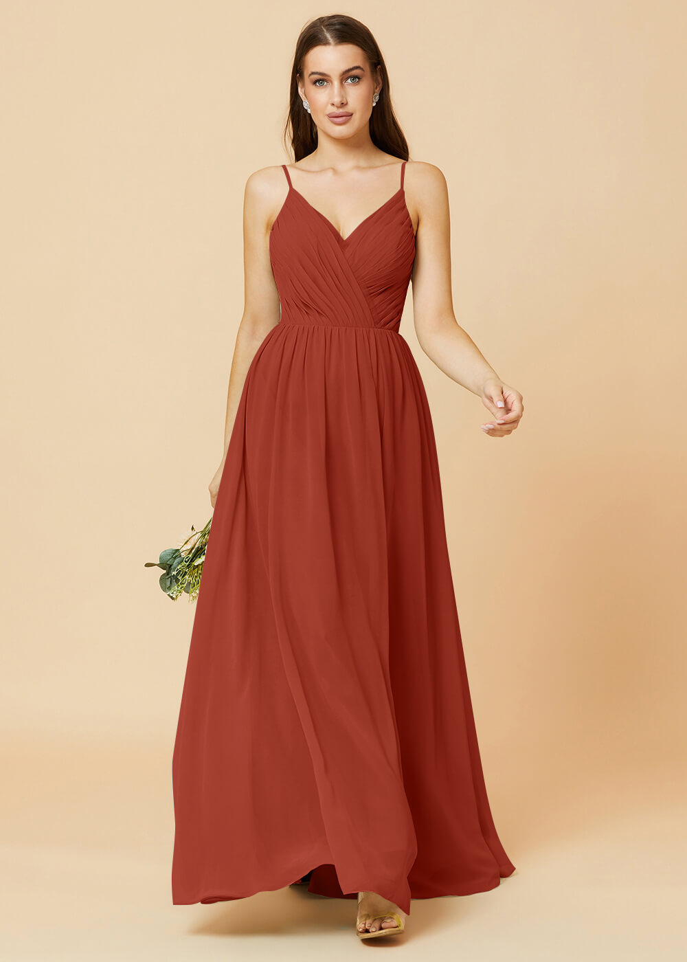Spaghetti Strap V-neck Chiffon Maxi Bridesmaid Dress