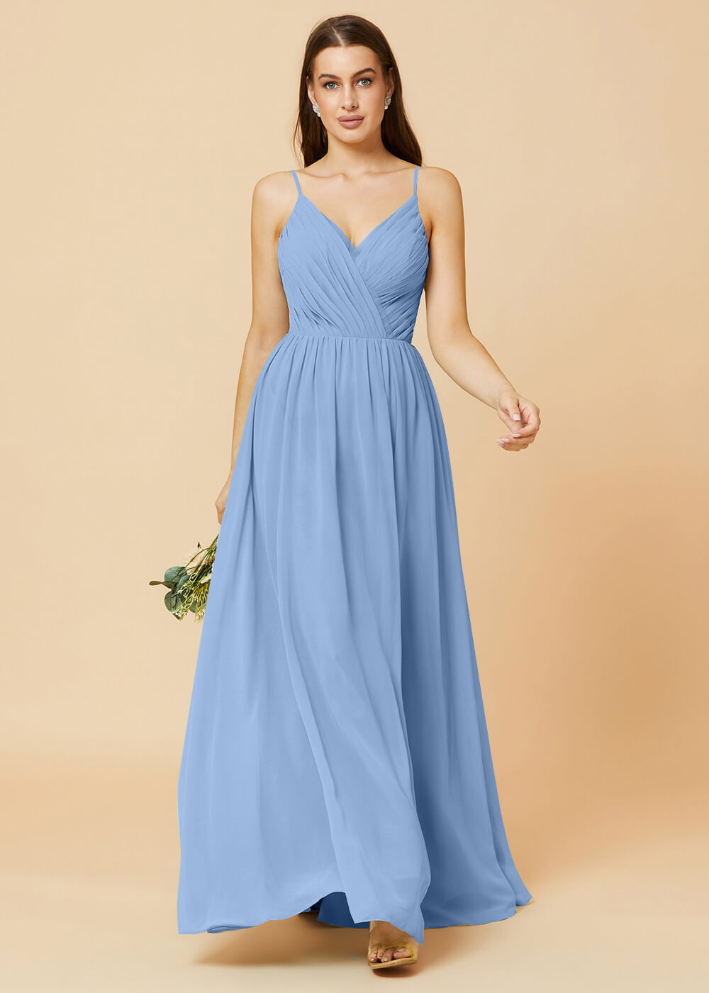 Spaghetti Strap V-neck Chiffon Maxi Bridesmaid Dress